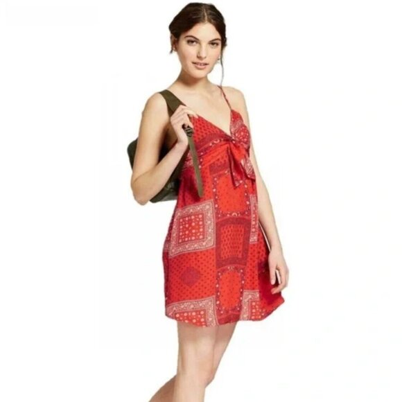 ⭐️ American Tie Twist V Neck 4th America USA Chic Glam Hipster Modern Mini Dress - Picture 1 of 6